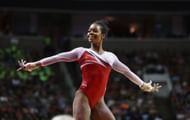 Gabby Douglas competes in the floor exercise during Day 2 of the 2016 U.S. Women's Gymnastics Olympic Trials at SAP Center in San Jose, California.